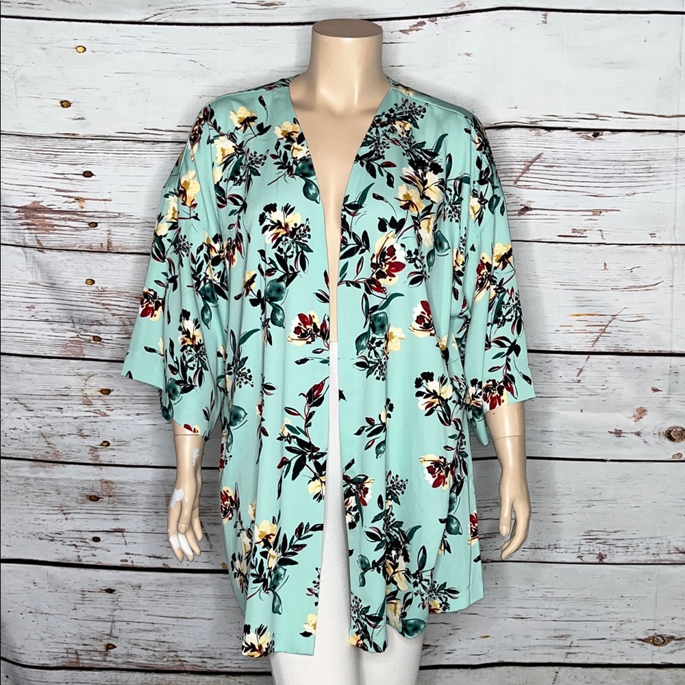 EVRI Size 3X Mint Green - Floral Print Open Front Cardigan Jacket